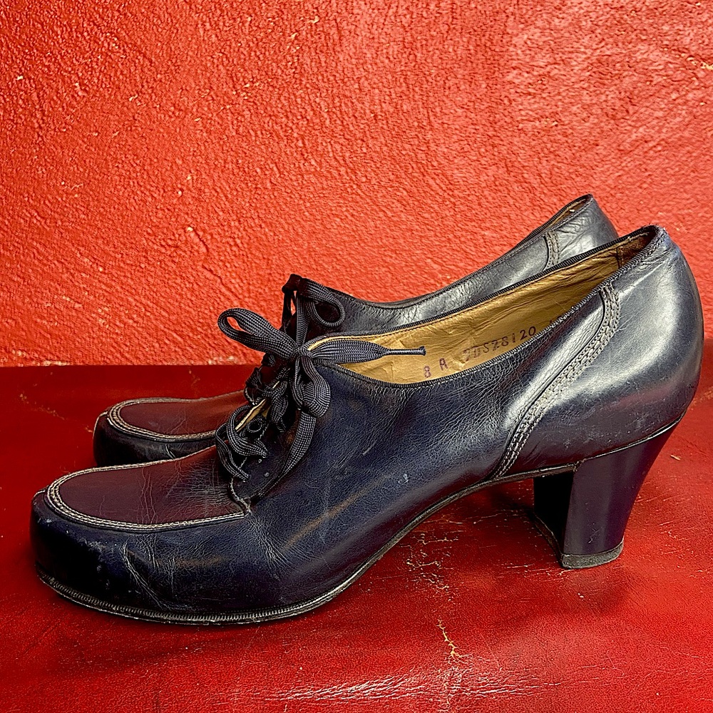 Vintage Navy Blue Leather Stetson Lace Up Loafer Heel Size 8 A